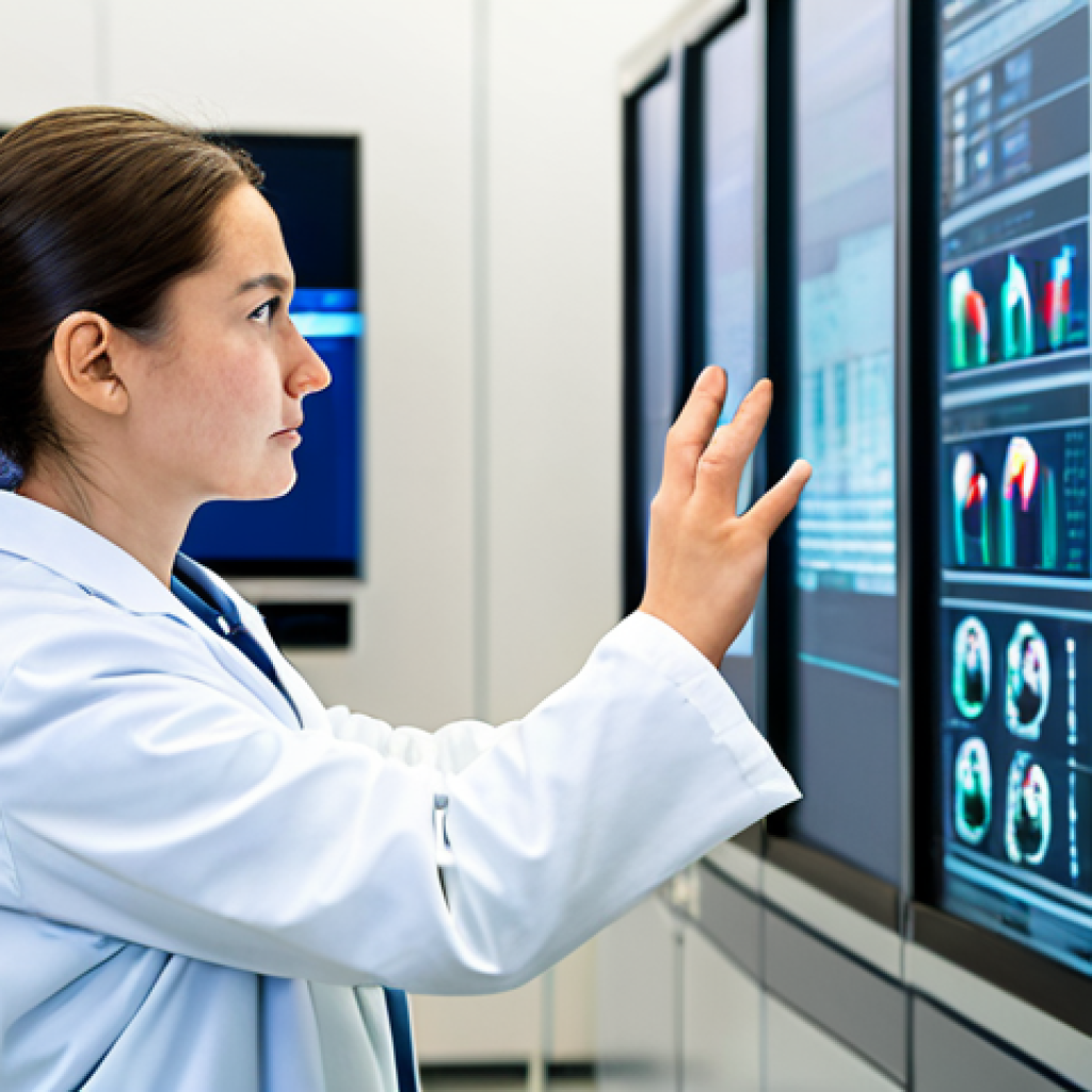 A focused public health researcher, wearing a modest, professional laboratory coat over appropriate attire. Standing in a bright, modern public health data center, surrounded by large, interactive digital displays showing complex epidemiological data, AI-generated insights, and predictive models for disease outbreaks. The setting emphasizes innovation and data analysis. Perfect anatomy, correct proportions, natural pose, well-formed hands, proper finger count, natural body proportions, professional photography, high quality, safe for work, appropriate content, fully clothed, professional.