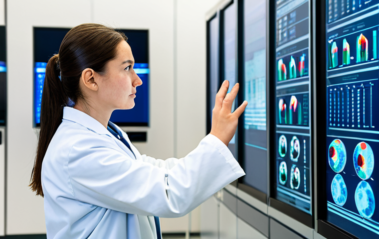 A focused public health researcher, wearing a modest, professional laboratory coat over appropriate attire. Standing in a bright, modern public health data center, surrounded by large, interactive digital displays showing complex epidemiological data, AI-generated insights, and predictive models for disease outbreaks. The setting emphasizes innovation and data analysis. Perfect anatomy, correct proportions, natural pose, well-formed hands, proper finger count, natural body proportions, professional photography, high quality, safe for work, appropriate content, fully clothed, professional.
