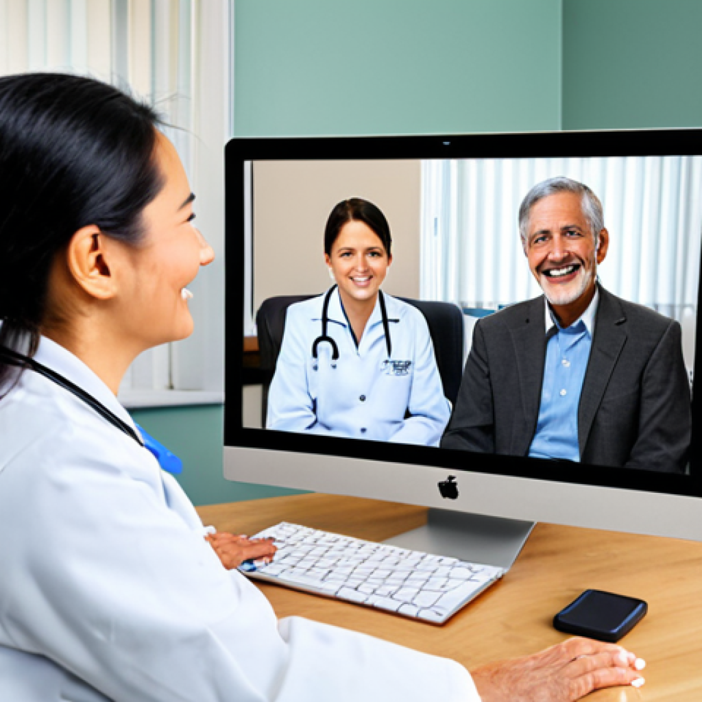 **Prompt 1: Telemedicine Bridging Gaps**
    A professional, compassionate female doctor, fully clothed in modest professional attire, is engaged in a telehealth consultation on a large monitor in a clean, modern medical clinic. On the screen, a serene, elderly female patient, also fully clothed in appropriate attire, is visible in her comfortable, well-lit home in a rural setting, smiling gently. The scene emphasizes seamless digital connection and accessible healthcare, with technology uniting patients and providers across distances. The image should convey a sense of hope and professional care, ensuring perfect anatomy, correct proportions, natural pose, well-formed hands, proper finger count, natural body proportions. Safe for work, appropriate content, professional photography, high quality, family-friendly.