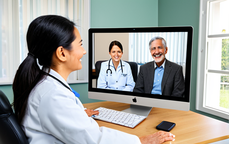 **Prompt 1: Telemedicine Bridging Gaps**
    A professional, compassionate female doctor, fully clothed in modest professional attire, is engaged in a telehealth consultation on a large monitor in a clean, modern medical clinic. On the screen, a serene, elderly female patient, also fully clothed in appropriate attire, is visible in her comfortable, well-lit home in a rural setting, smiling gently. The scene emphasizes seamless digital connection and accessible healthcare, with technology uniting patients and providers across distances. The image should convey a sense of hope and professional care, ensuring perfect anatomy, correct proportions, natural pose, well-formed hands, proper finger count, natural body proportions. Safe for work, appropriate content, professional photography, high quality, family-friendly.