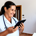 Telemedicine in Rural Portugal**

"A friendly nurse, fully clothed in a professional uniform, using a tablet to video call with an elderly patient in a rural Portuguese village. The background shows a simple, clean home interior. The nurse is smiling reassuringly.  Safe for work, appropriate content, professional, modest, family-friendly, perfect anatomy, correct proportions, natural pose, well-formed hands, proper finger count, natural body proportions, high quality, digital illustration."

**