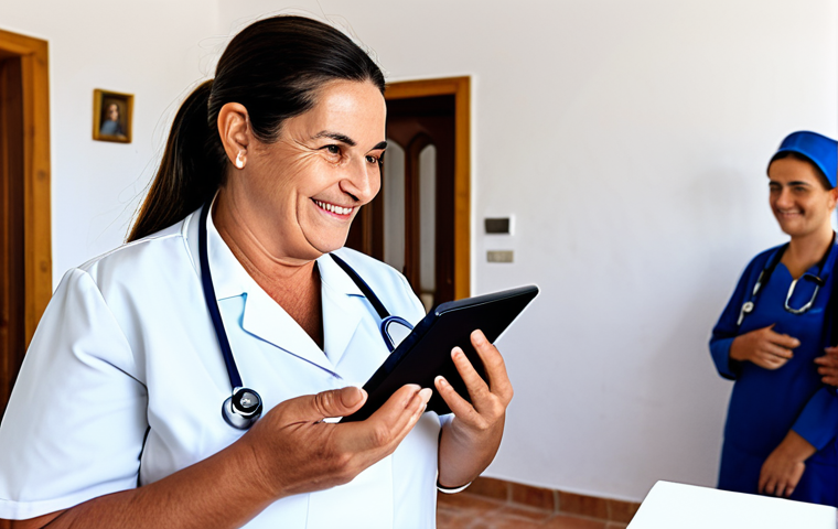Telemedicine in Rural Portugal**

"A friendly nurse, fully clothed in a professional uniform, using a tablet to video call with an elderly patient in a rural Portuguese village. The background shows a simple, clean home interior. The nurse is smiling reassuringly.  Safe for work, appropriate content, professional, modest, family-friendly, perfect anatomy, correct proportions, natural pose, well-formed hands, proper finger count, natural body proportions, high quality, digital illustration."

**