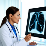 **

A professional female doctor in a modest white coat, examining an X-ray in a brightly lit hospital office, fully clothed, appropriate attire, safe for work, perfect anatomy, natural proportions, professional medical photography, high quality, family-friendly.

**