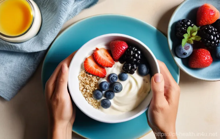 보건학과 식이요법 - **Vibrant Healthy Breakfast with Gut-Friendly Foods**
    A beautifully composed overhead shot of a ...