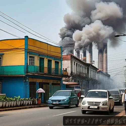 Home 32 보건학과 환경 오염 - A detailed urban street scene in a Brazilian city with heavy traffic and industrial factories emitti...