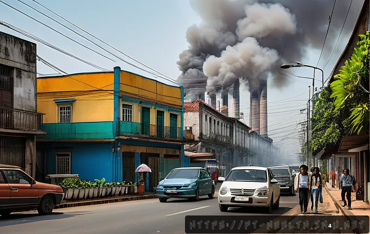 보건학과 환경 오염 - A detailed urban street scene in a Brazilian city with heavy traffic and industrial factories emitti...