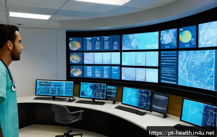 보건학 박사 논문 주제 - A futuristic healthcare control room in a Brazilian urban hospital, showcasing diverse healthcare pr...