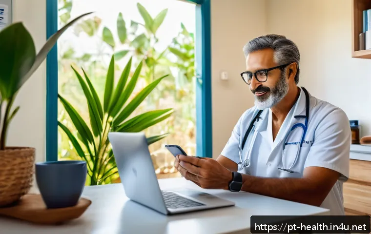 보건학과 디지털 건강 - A modern Brazilian telemedicine consultation scene showing a diverse middle-aged man using a smartph...